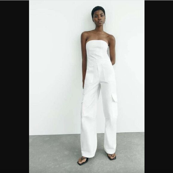 Zara White Strapless Cargo Jumpsuit M - Picture 1 of 10